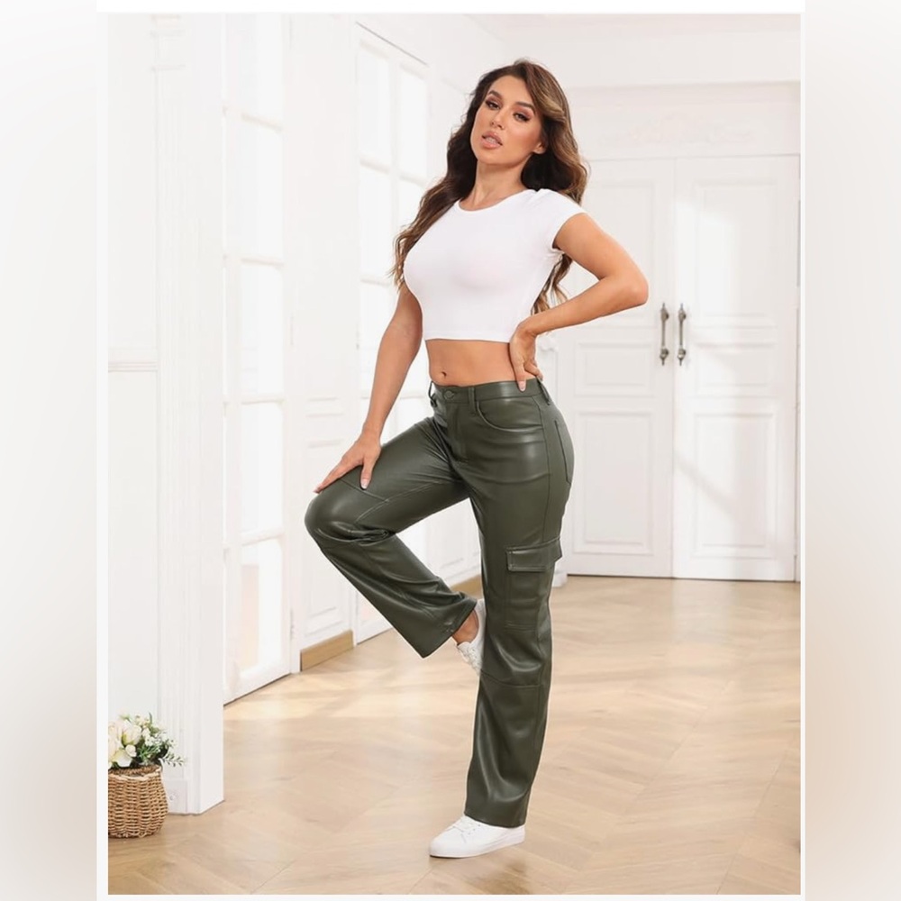 HDE Women's Faux Leather Cargo Pants with Pockets and High Waisted